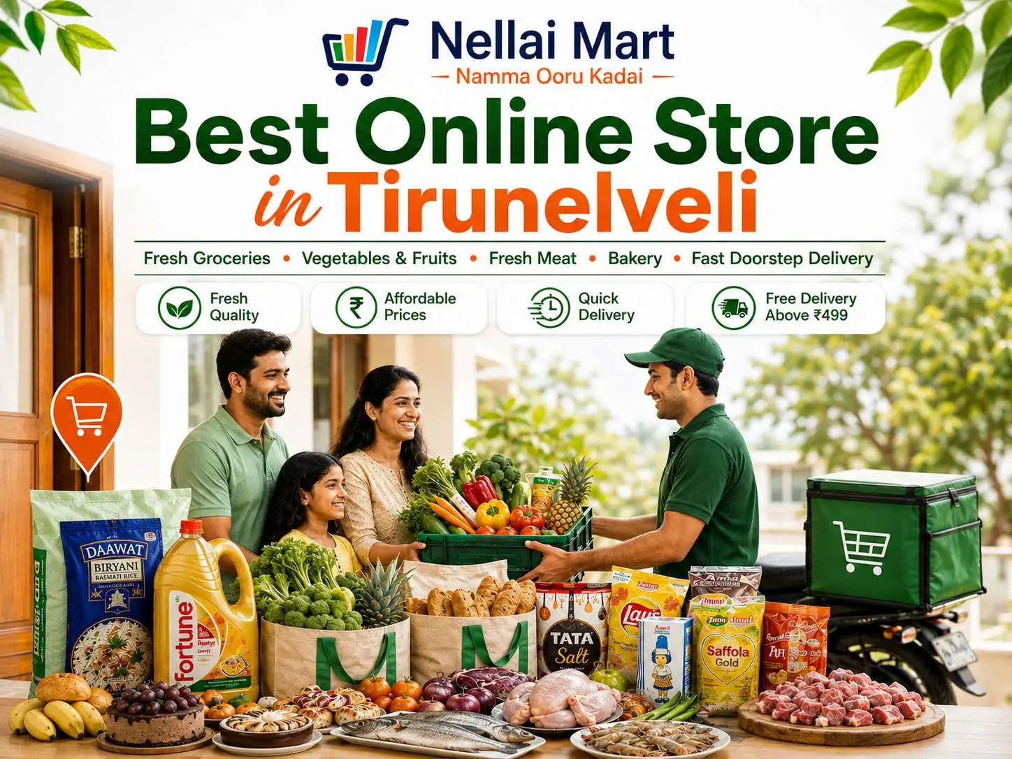 Best Online Store in Tirunelveli offering online grocery, fresh vegetables, fruits, fresh meat, seafood and bakery delivery by Nellai Mart.