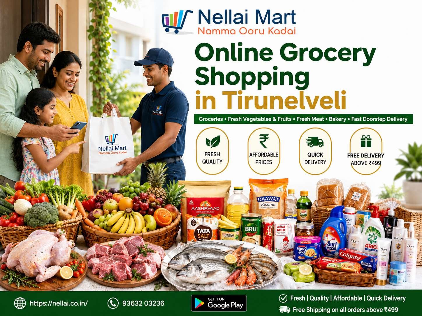 Online grocery shopping in Tirunelveli with fresh groceries, vegetables, fruits, meat and bakery products from Nellai Mart.