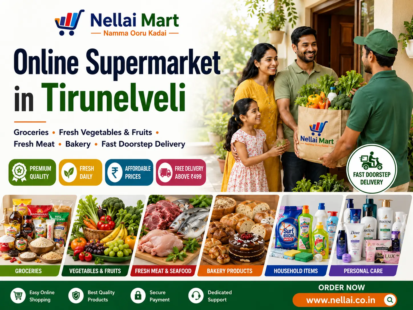 Online supermarket in Tirunelveli offering groceries, fresh vegetables, fruits, meat and bakery products from Nellai Mart.